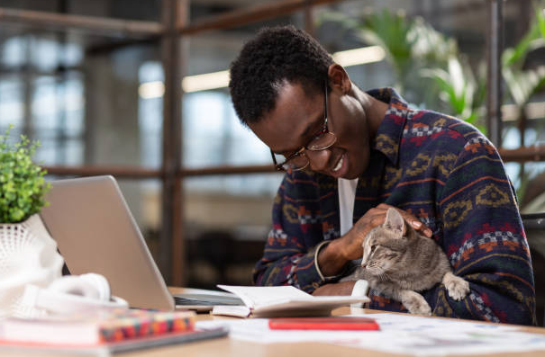 Colaborador em empresa pet friendly com seu gato de estimação ao colo.